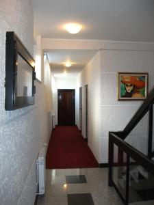 KovinGuesthouse Villa Milano的走廊上铺有红地毯,墙上设有电视