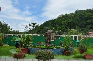 古瓦哈提Saikia Nest the Home-stay的围栏前有雕像和植物的花园