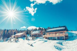 穆劳附近圣洛伦岑Gasthaus Rieglerhütte的雪上滑雪小屋,阳光照耀天空