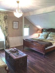 瑟德福什Villa Granvik的一间卧室配有一张大床和一个吊灯。