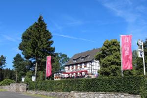 黑伦塔尔Boutique Hotel Restaurant Hollerather Hof的前面有粉红色旗帜的建筑