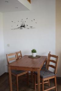 BrösaFerienwohnung Alte Brennerei的木桌和椅子,墙上挂着植物