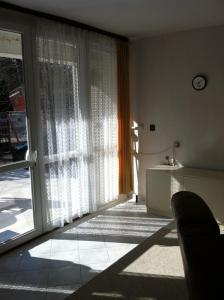 巴拉顿菲兹弗瑟尔公寓酒店的客厅设有滑动玻璃门,可通往庭院