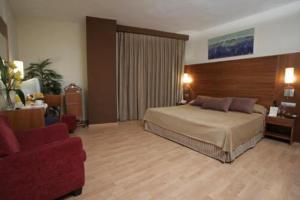 圣达菲BS卡皮图拉西奥斯酒店的酒店客房,配有一张床和一张红色的沙发