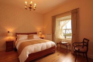 戈尔韦考瑞比旅馆的一间卧室设有一张床、一个窗户和一个吊灯。