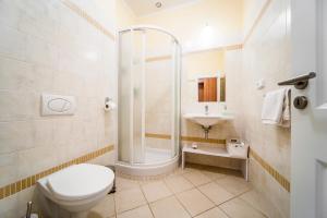 米库洛夫Boutique Hotel Golf Garni的浴室配有卫生间、淋浴和盥洗盆。