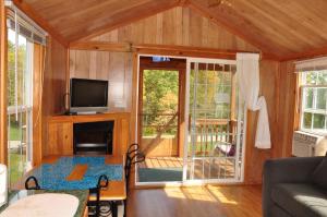 Elkhart LakePlymouth Rock Camping Resort Deluxe Cabin 16的一间带电视和沙发的客厅