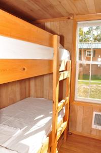 Elkhart LakePlymouth Rock Camping Resort Deluxe Cabin 16的一个小房子里的一张双层床,设有窗户