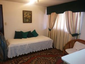 库里科朋托里尔公寓式酒店的一间卧室配有一张带绿色枕头的床和一扇窗户