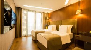 伊斯坦布尔黑斯图瑞客布鲁维酒店的酒店客房设有两张床和电视。