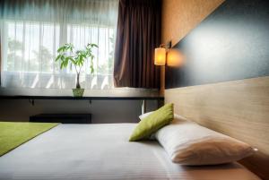 图卢兹森尼图迪勒帕尔卡迪斯斯卡勒公寓式酒店的一间卧室配有一张带窗户和枕头的床
