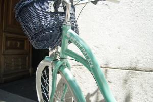 马德里Petit Palace Arenal的一辆绿色自行车,前面有篮子