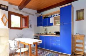 贝尔韦代雷尤润罗绿色套房住宿加早餐旅馆的厨房配有蓝色橱柜和桌椅