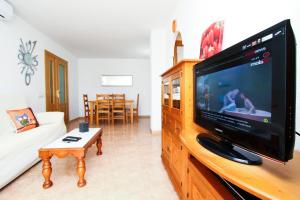 拉皮内达Riscos Planet Costa Dorada的木质娱乐中心设有带平面电视的客厅。