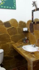 萨迈帕塔Posada Guasu的石质浴室设有水槽和卫生间