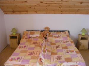 BernecebarátiTünde Vendégház的睡在床上的泰迪熊