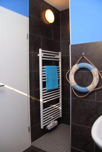 勒伯尔Ferienwohnungen Malow的带淋浴和蓝色毛巾的浴室