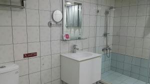 高雄梅花大饭店的一间带水槽、淋浴和镜子的浴室
