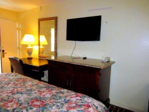 阿林顿Budget Host Inn的酒店客房配有一张床、一张书桌和一台电视。