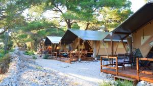 木洛希尼Losinj Glamping - Camp Čikat - Wild的一群在树前设有桌椅的小屋