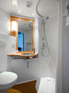 格罗宁根马天尼酒店的带淋浴、卫生间和盥洗盆的浴室