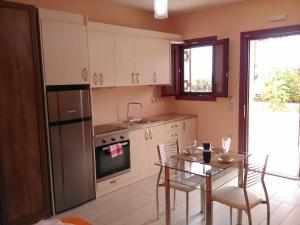 米克罗斯雅洛斯Mikros Gialos Apartments的厨房配有桌子、水槽和桌椅