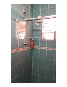 里约热内卢Hostel Jandira的绿色瓷砖浴室设有淋浴和