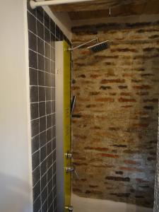 CloaşterfDominic Boutique - Gardener's Cottage的带淋浴的浴室,浴室设有砖墙