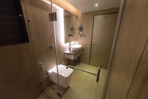 孟买Hotel Le Grande - Mumbai International Airport的一间带卫生间、水槽和镜子的浴室