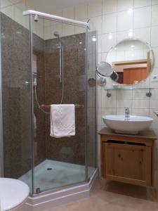 腓特烈港Hotel Heuschober的带淋浴和盥洗盆的浴室