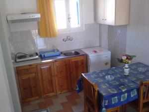 佩里沃罗DARZENTA ATHINA APARTMENTS Perivolos的厨房配有水槽和带桌布的桌子