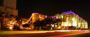 台北薇閣旅館-林森館的夜幕降临的街道,有建筑和棕榈树