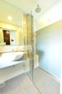 新加坡乌节路大臣酒店的一间带水槽和玻璃淋浴的浴室