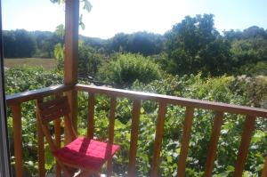索尔波Casa de las Flores Sober Ribeira Sacra的坐在阳台上的椅子上,眺望着葡萄园