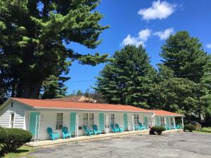 乔治湖乔治湖多瑞汽车旅馆的前面有蓝色椅子的房子