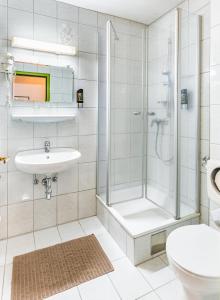 兰纳赫Gasthof Kranerwirt的带淋浴、盥洗盆和卫生间的浴室