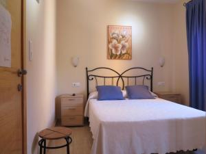 马萨龙港Pensión La Venta的一间卧室配有一张带两个蓝色枕头的床