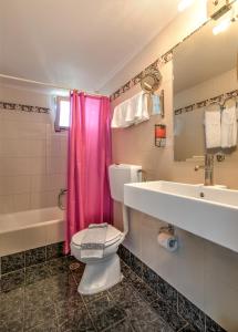 雅典公园酒店 的一间带粉红色淋浴帘和卫生间的浴室