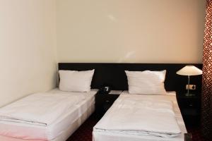 奥芬巴赫艾瑞纳酒店的配有2张床的带白色床单和灯的客房