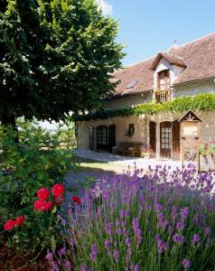 罗卡马杜尔Belveyre à Rocamadour的一座花园,在房子前面种有紫色的花朵