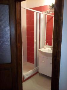 CelicoLa Meridiana Bed & Bike的带淋浴、盥洗盆和镜子的浴室