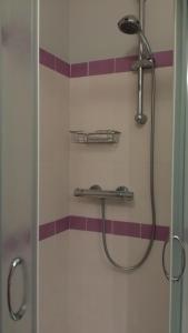 萨尔维Sorelle De Filippis的浴室铺有紫色和白色瓷砖,设有淋浴。