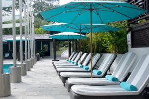 卡斯特里贝尔乔成人全包酒店的游泳池旁一排带遮阳伞的躺椅