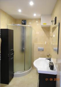 克雷尼察Apartament Kryształowy的一间带玻璃淋浴和水槽的浴室