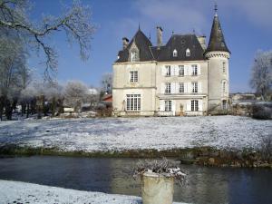 伊泽尔查布列城堡酒店的雪中的城堡,前面有一个池塘