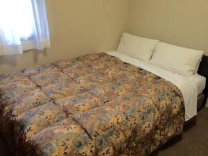 富山富山皇冠山酒店的卧室里的一张床铺,床上有毯子