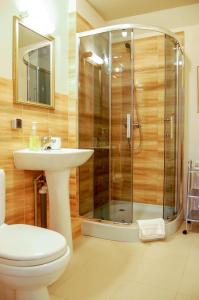 VitrupeHotel Karle的带淋浴、盥洗盆和卫生间的浴室