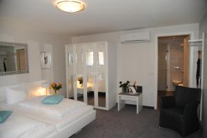 莱茵河畔威尔Hotel Adler - Weil am Rhein的一间卧室配有一张床、一把椅子和镜子