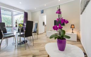 里斯卡Sunrise Apartment Risika的客厅配有紫色花瓶,桌子上摆放着紫色花卉