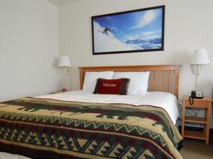 斯诺肖Expedition #308的卧室配有一张床,墙上挂着一幅画